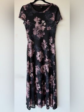 Rachel Zoe Black Floral Midi Mesh Dress with Pink Blossoms